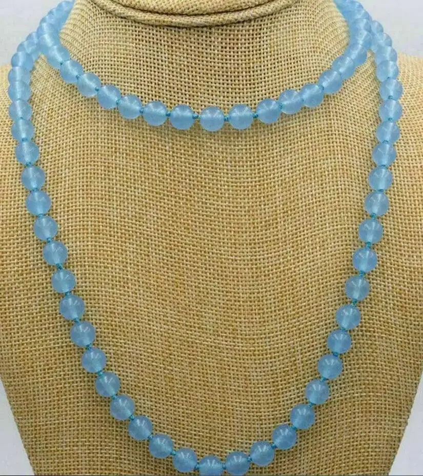 

Fashion natuarl 8mm light blue jade round gem Beaded Necklace 32“