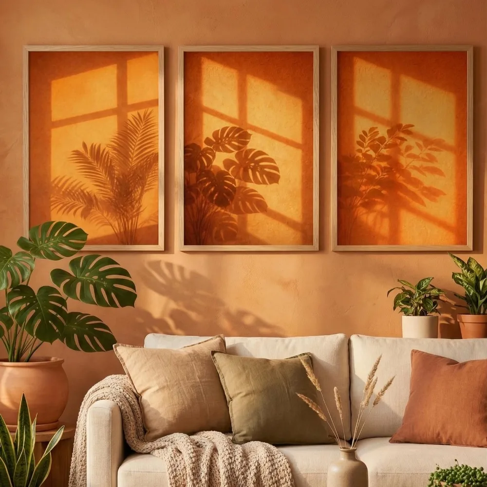 3pcs Frameless Sun-drenched Plant Shadow Prints,Plant Shadow Wall Art,Digital Download,Modern Natural Printing,Calm Sun Decor
