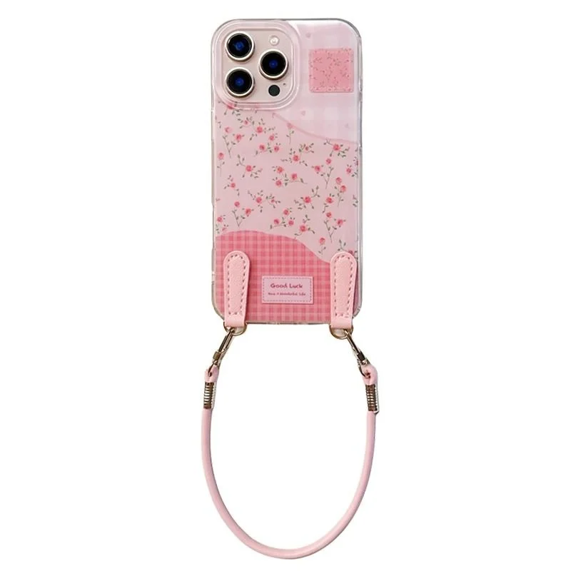 Transparente IND-Handyhülle mit großem Loch, rosa kariertem Blumenmuster und rosa Handgriffband für iPhone 12 13 14 15 16 17 18 Pro Max – Detail 5