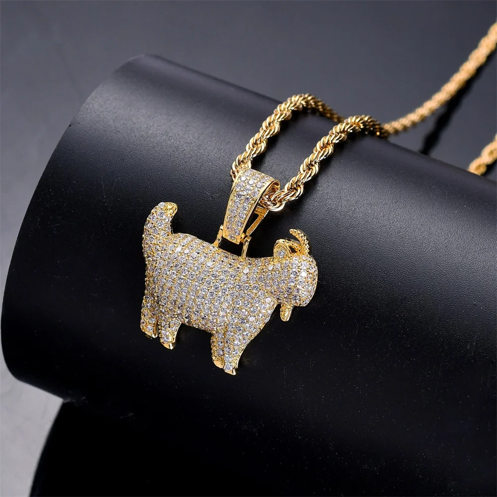 Fashion HipHop Animal Goat Pendant Necklace For Men Cuban Chain Iced Out Bling Micro Paved CZ Necklaces Punk Rock Biker Jewelry