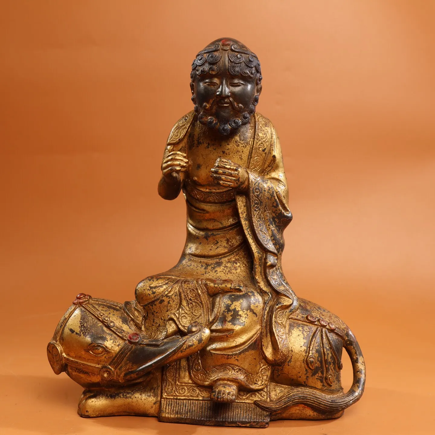 Tibetan brass gilt antique riding elephant Buddha statue ornament Home Hall incense table supplies 26cm