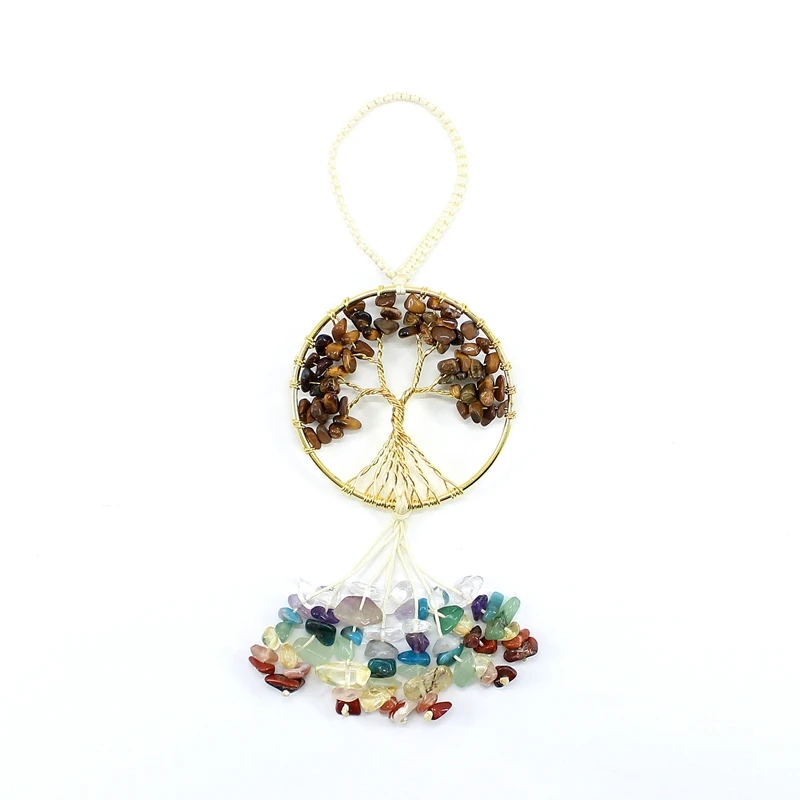 Natural Stone Pendant Car Hanging 7 Chakra Life Of Tree Colorful Irregular Crystal Quartz Healing Amulet Fengshui Energetic