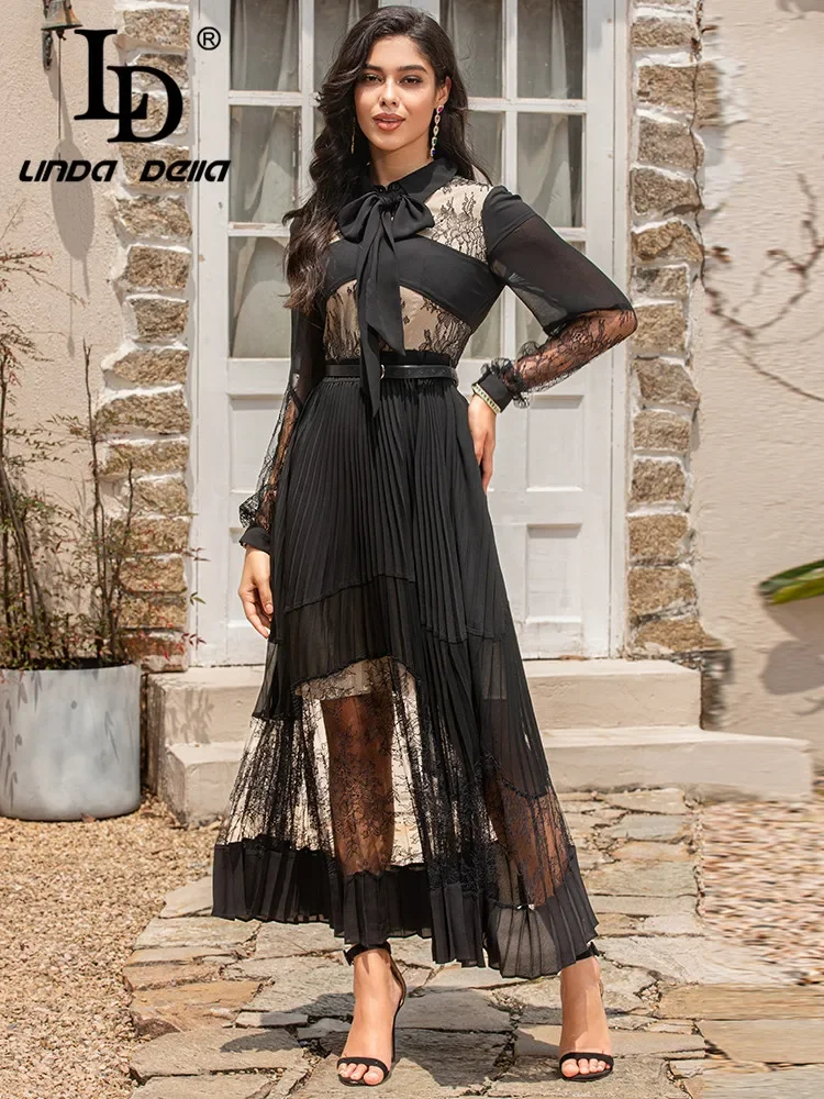 

LD LINDA DELLA Fashion Designer Summer Women Long sleeves High waist Belt lace Black vintage pleated Dress