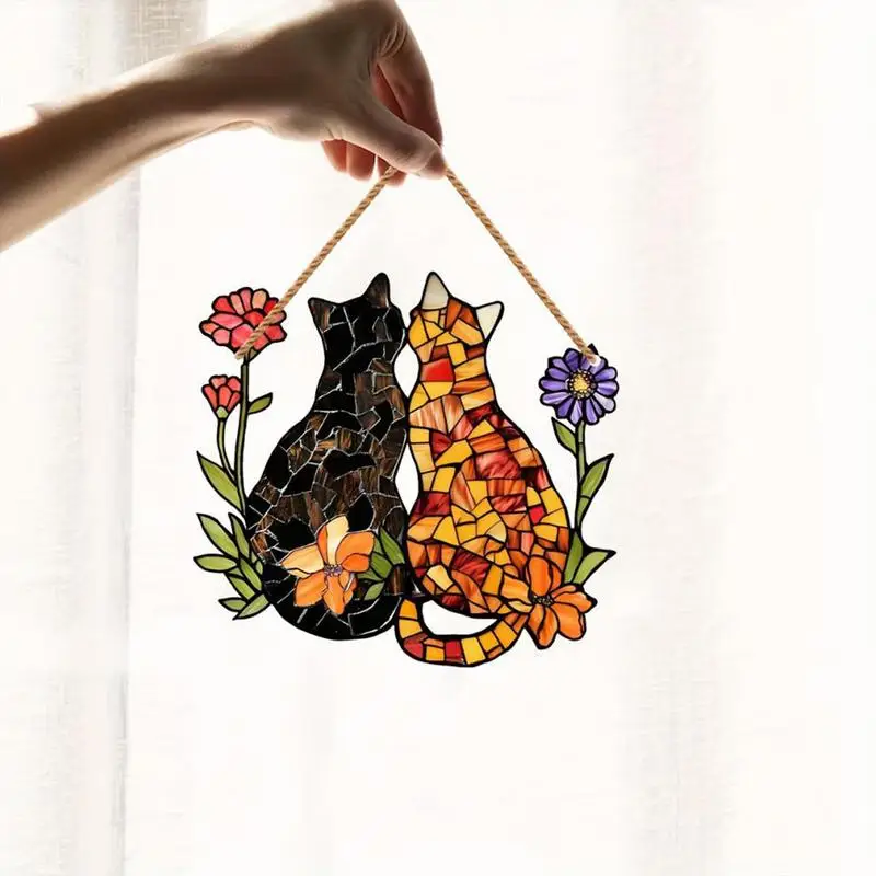 Cat Stained Glass Pendant Colorful Cat Acrylic Pendant Twine Design Wall Art Decor For Window Balcony Porch Garden Wall