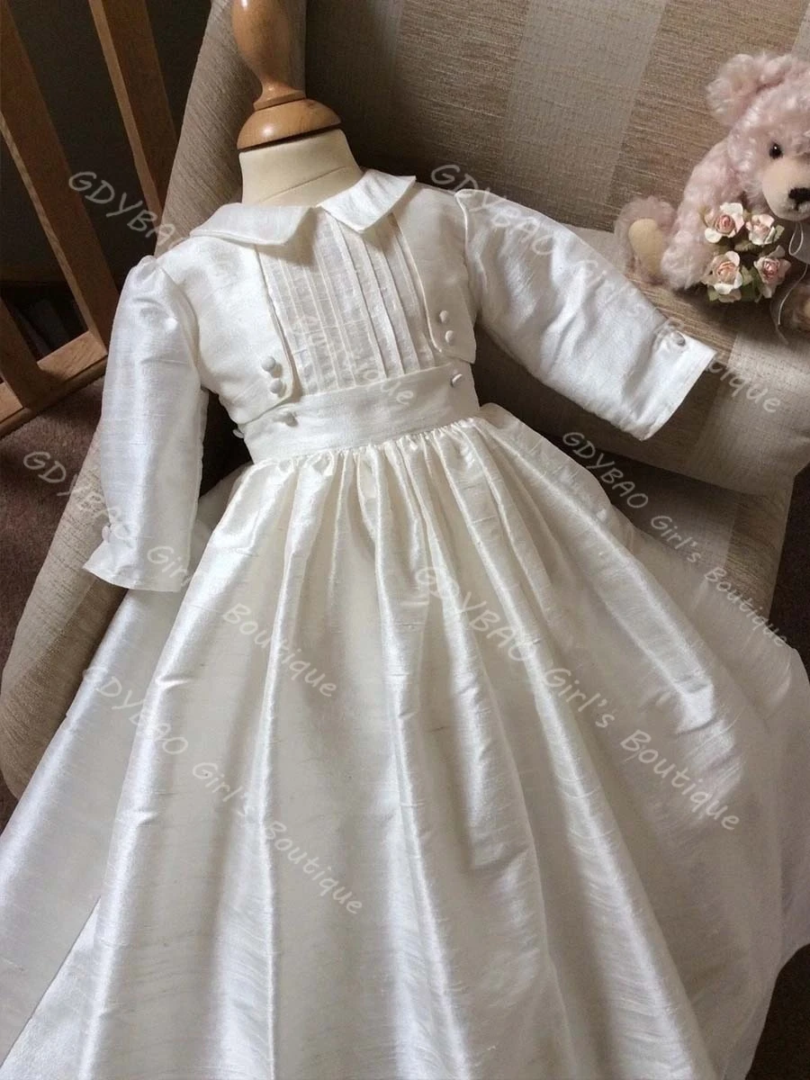 Newborns Linen Christening Dress Shawl Neck Full Sleeve Party Gown Draped First Communion Wedding Dress for Flower Girls Custom