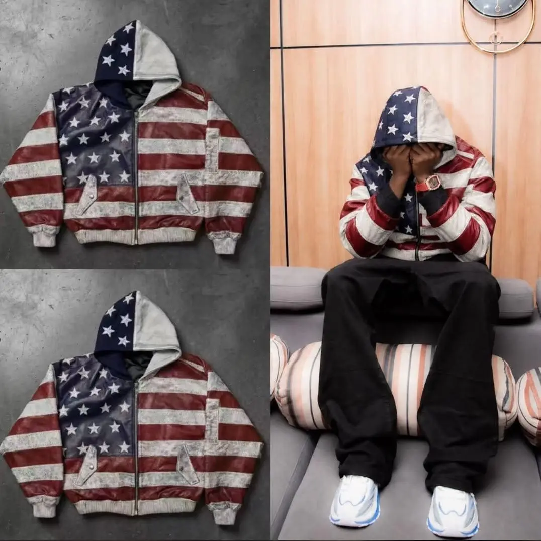 American street hooded leather jackets mens and womens loose printed jacket contrasting color design coat men winter jackets