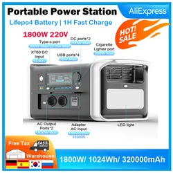 1024Wh Portable Power Station, LiFePo4 Battery, Pure Sine Wave, 1800W 220V Solar Generator Storage Energy,  For Camping & Home