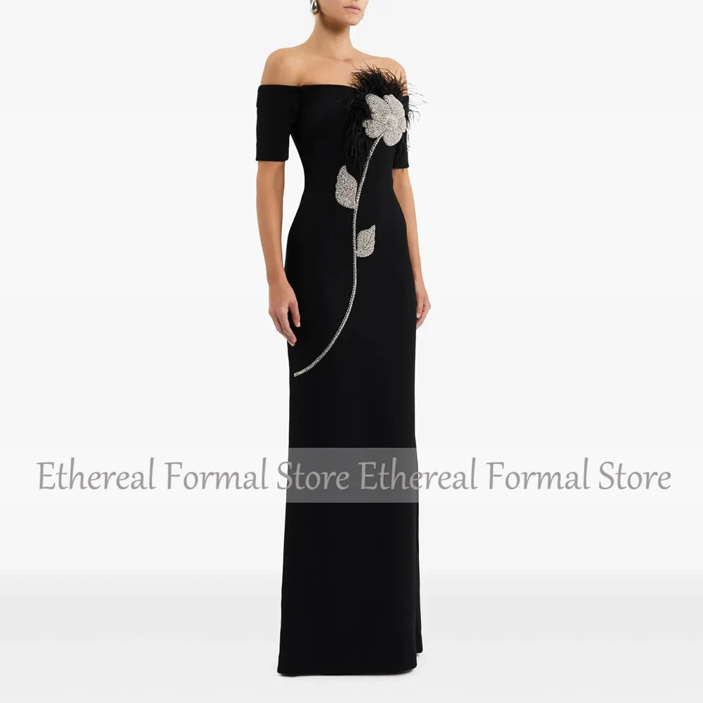 Modern Black Evening Gown For Women Sheath Formal Party Dress Floor Length Saudi Dress Beading Prom Dress With Feather