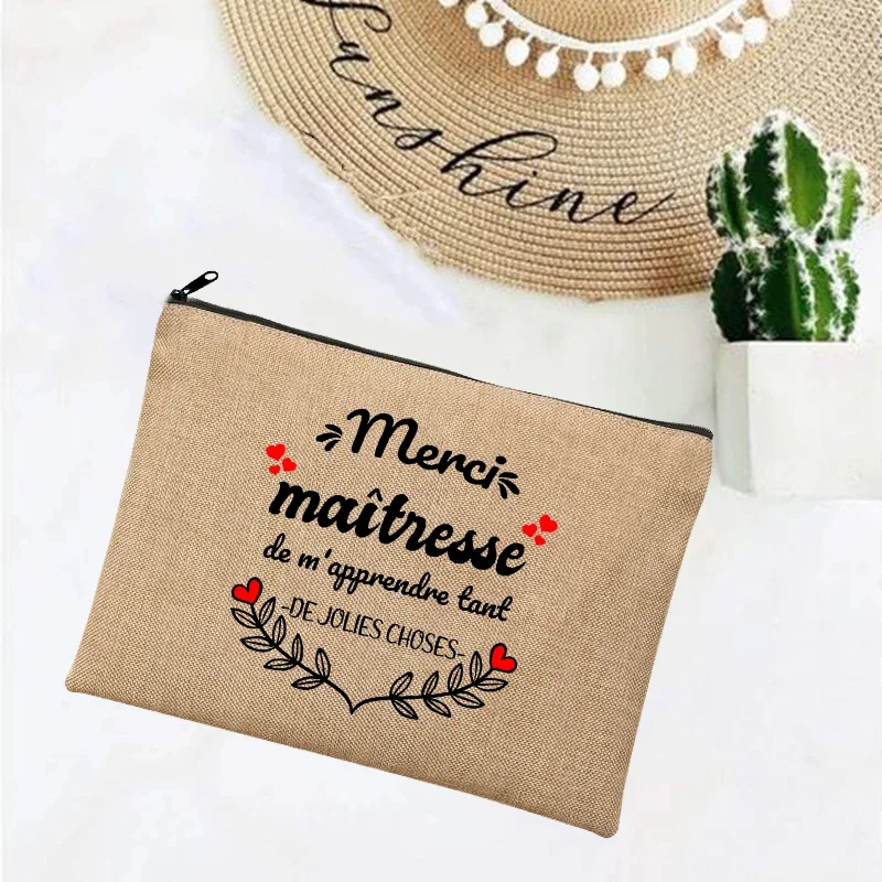 Linen Makeup Bags Thank You Teacher French Print Simple Wristlet Clutch Bag Beach Stationery Storage Travel Organizer Case Gifts