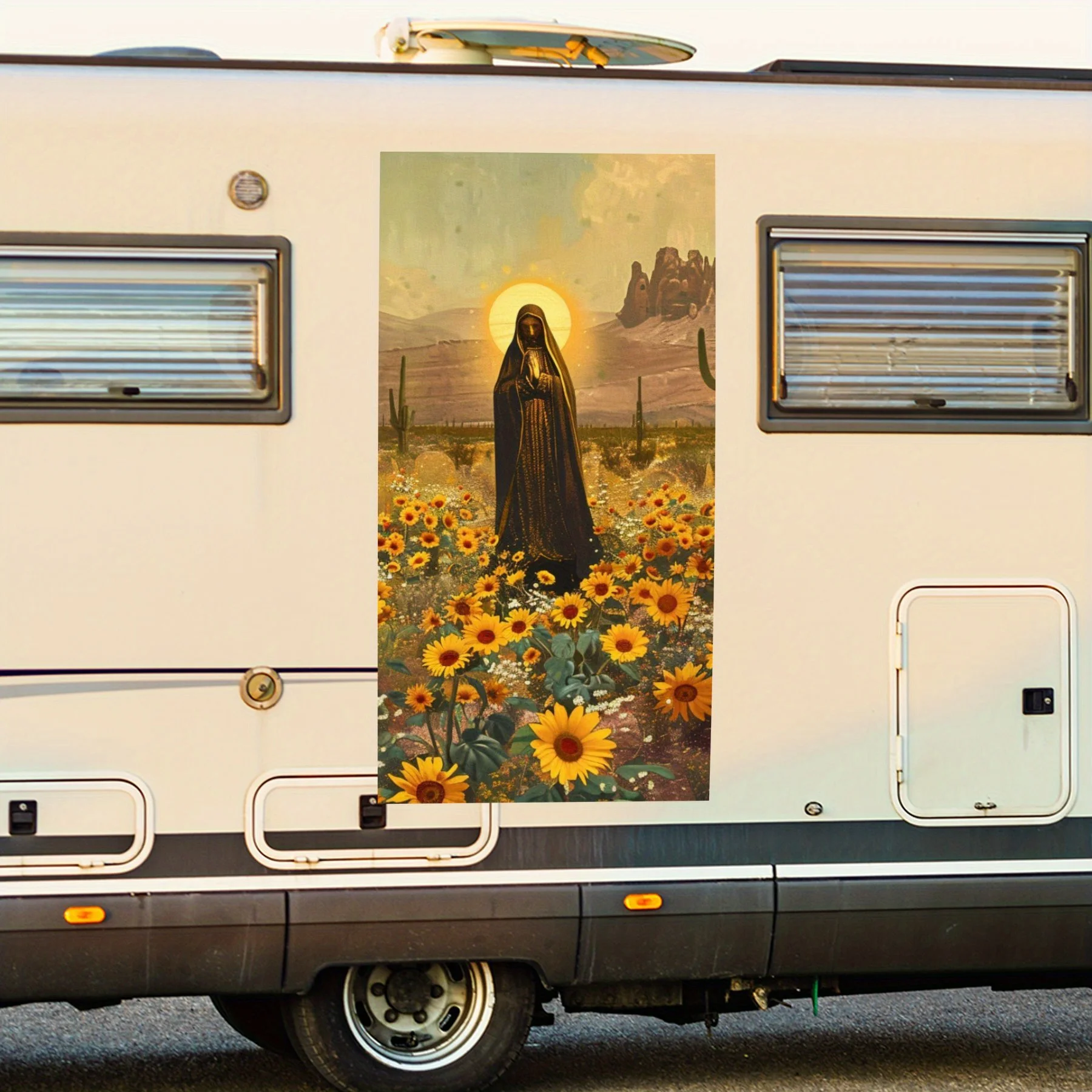 

Серенский декор автофургона! Наклейка на сцена с подсолнухом в пустыне - мир на ходу. Виниловая наклейка для двери автомобиля на колесах, водонепроницаемая самоклеящаяся винтовка