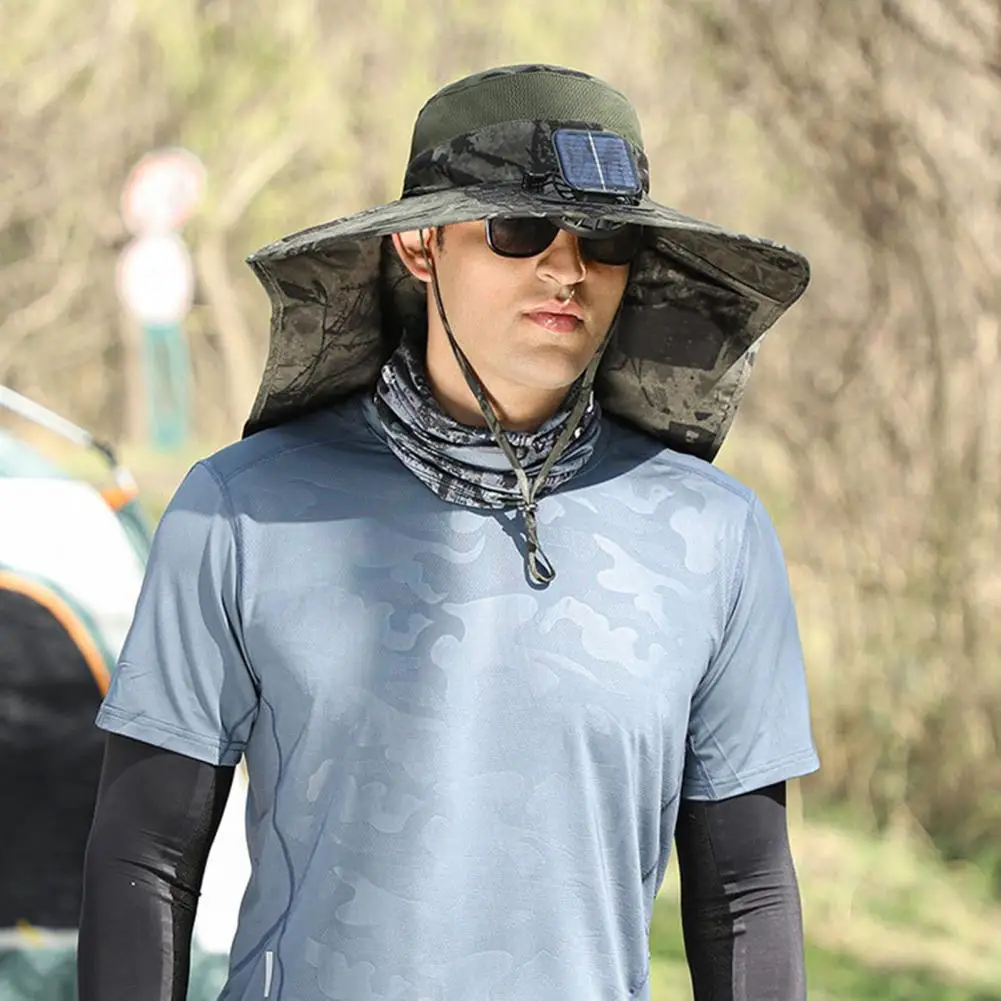 قبعة رجالية جديدة ذات حافة واسعة تعمل بالطاقة الشمسية للحماية من الشمس قابلة للتعديل في الهواء الطلق على الشاطئ قبعة صيد للمشي لمسافات طويلة واقية من الشمس