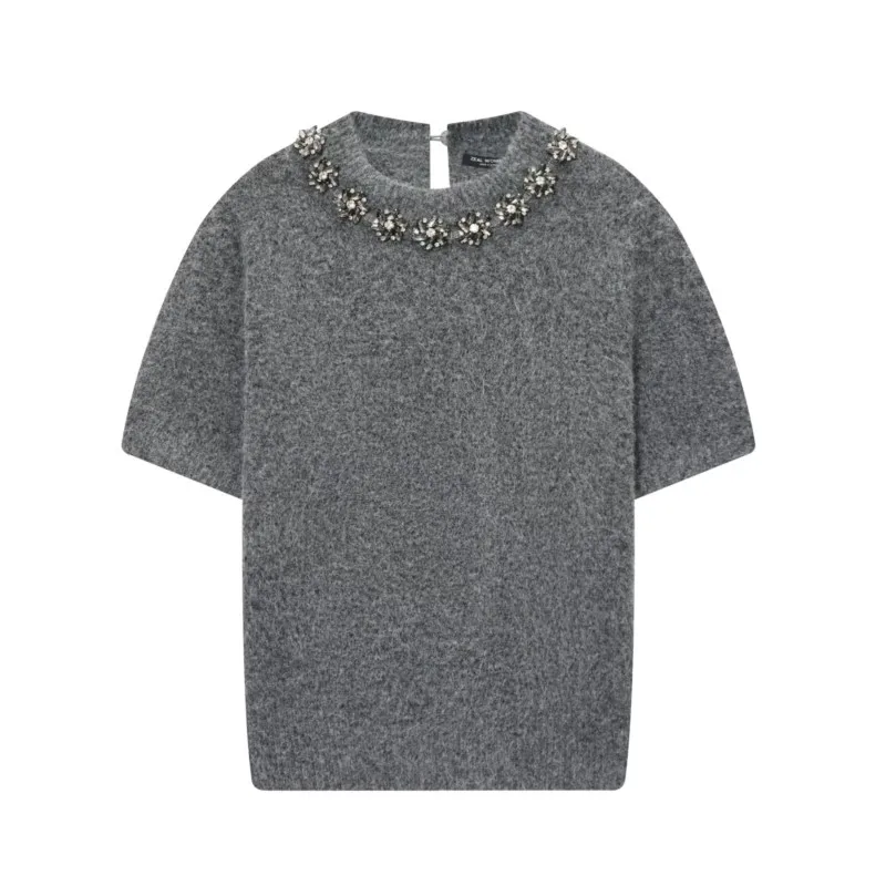 

Women Short Sleeved Knitted Sweater Autumn Jewelry Bead Decoration Casual Round Neck Sweaters Vest Fashion Female Tops