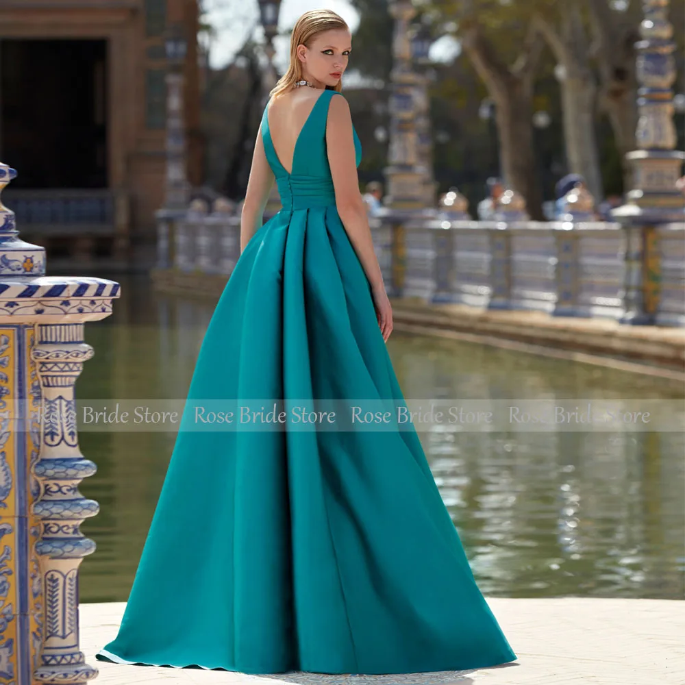 Turquoise Satin Evening Dresses Long V Neck Luxury Evening Gowns for Women 2024 A Line Sleeveless Elegant Wedding Party Dresses