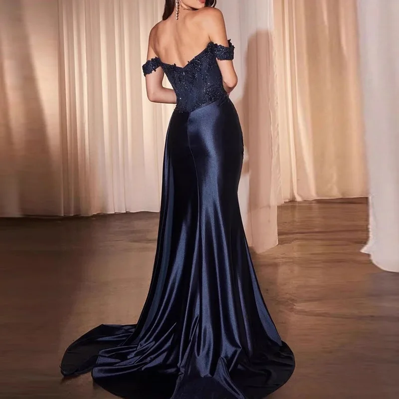 

Fashion Sequined Off Shoulder High Waist Dress Luxury Satin Embroidery Fly Sleeve Dress Elegant Strapless Backless Banquet Dress