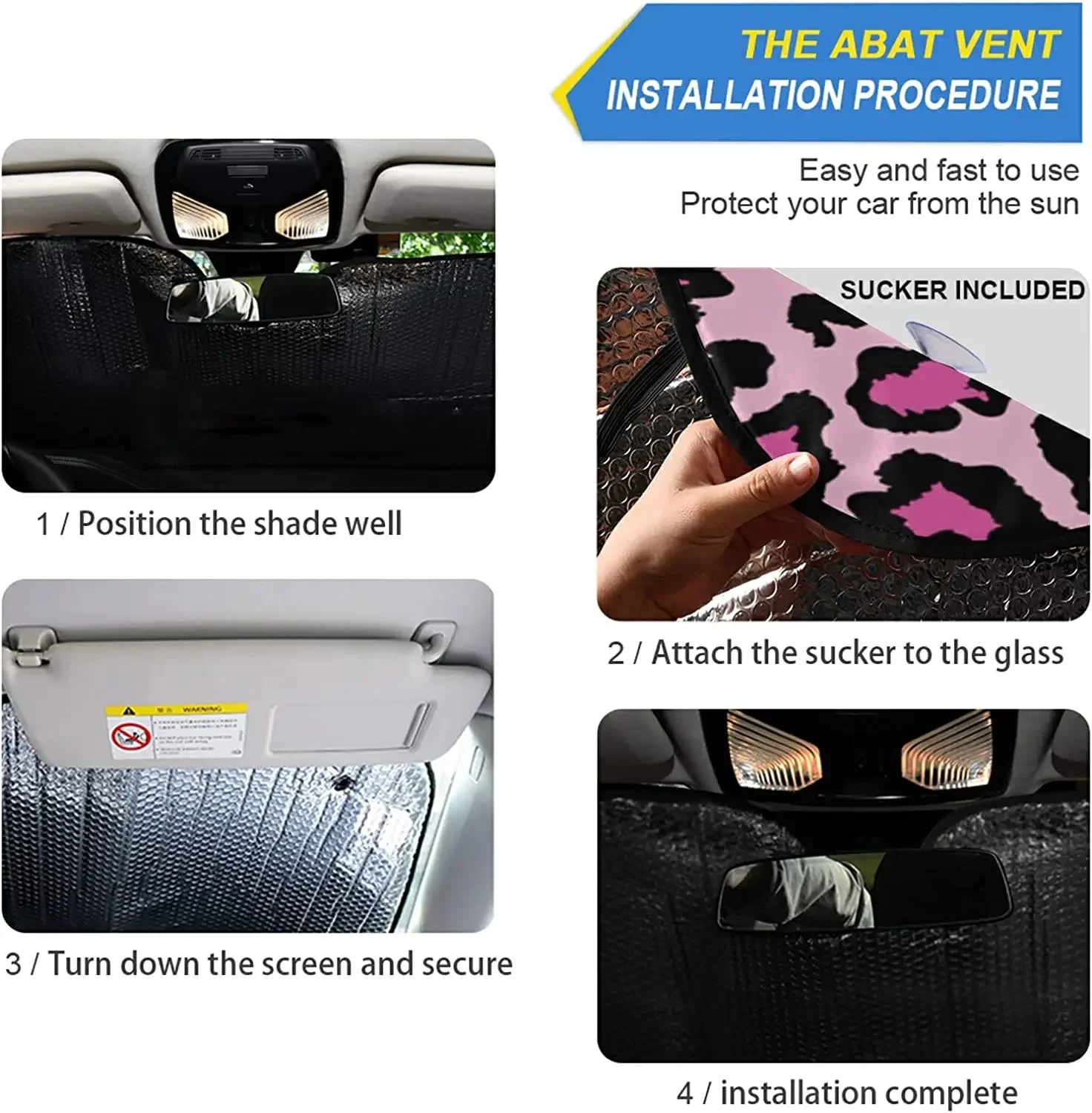 Car Sunshades for Front Windshield Auto Sunshield Shade Foldable Hot Pink Black Leopard Car Sun Visor Blocks UV Rays Heat Protec