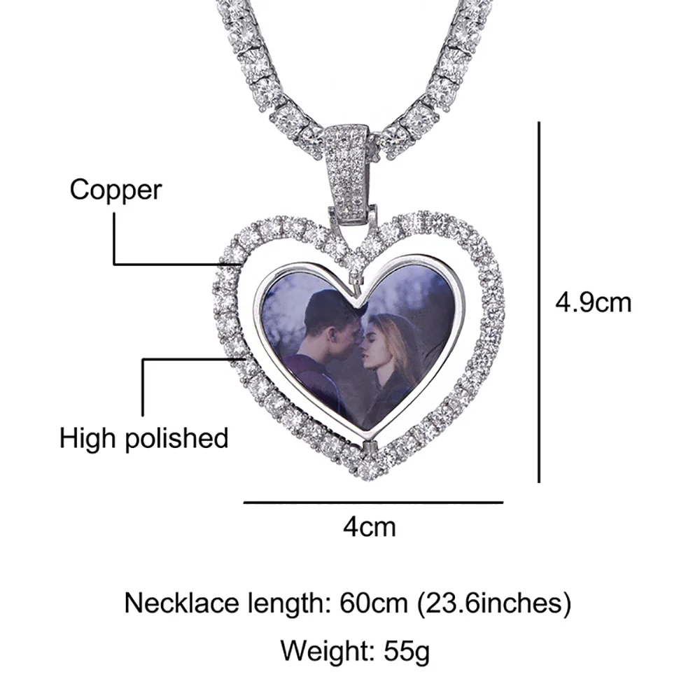 2026 Custom Photo Necklace Personalized Double Sided Rotating Pendant with Cubic Zirconia Hip Hop Style Unique Gift for Couples