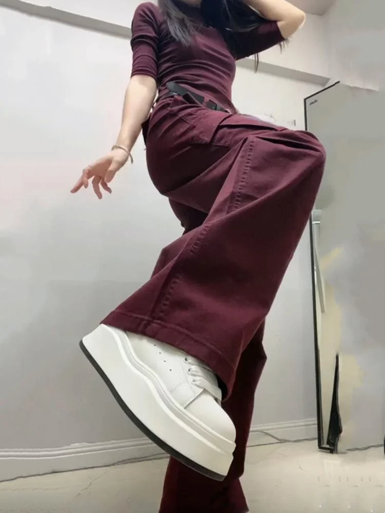 

High Waist Wide Leg Jeans Women's Spring Autumn New Style Vintage Wine Red Slimming Floor Length Pants Cotton Stretch Denim