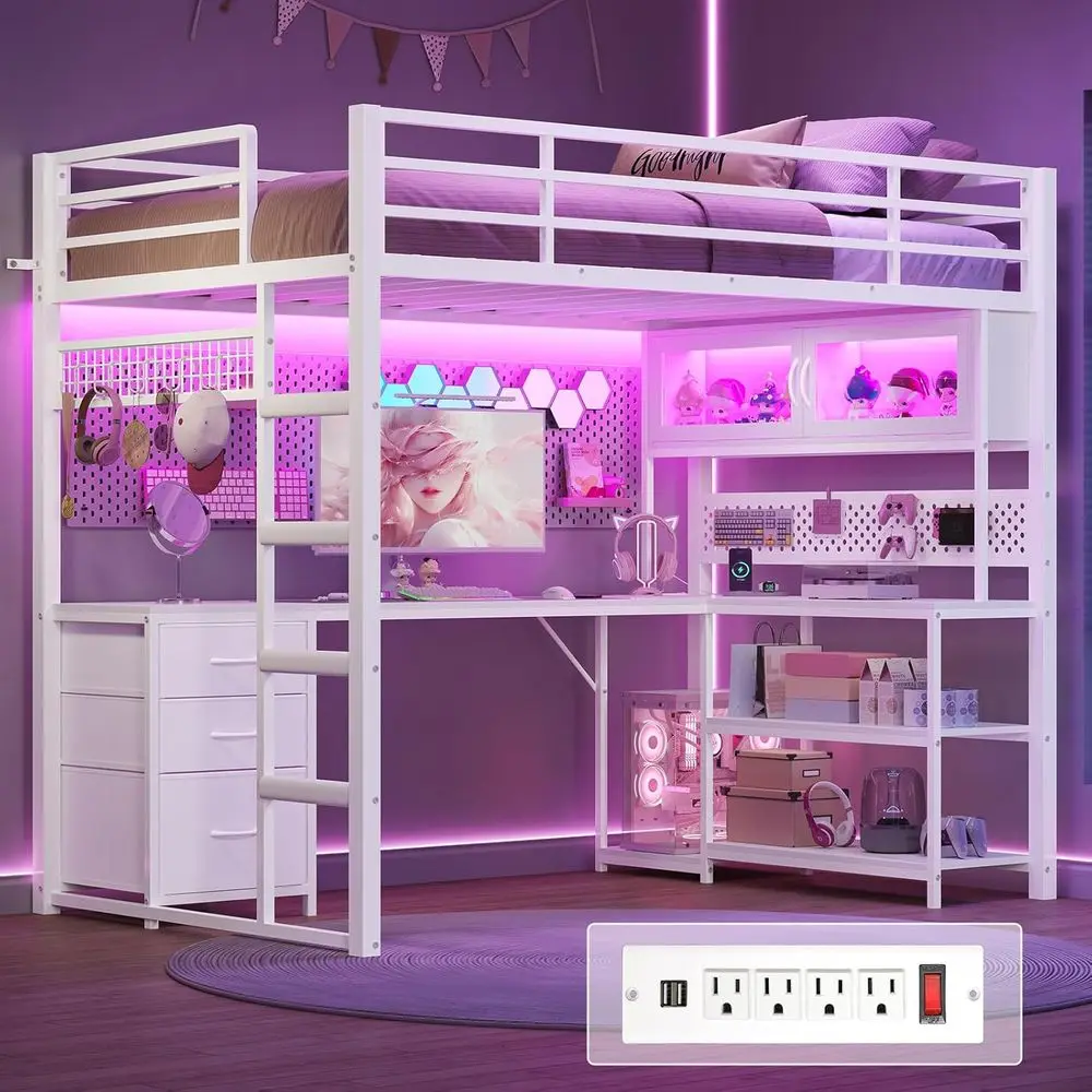 

Двухъярусная металлическая кровать размера Twin с L-образным столом, выдвижными ящиками для хранения, акриловым покрытием с RGB-подсветкой, безопасной розеткой и широкой лестницей для девочек-подростков