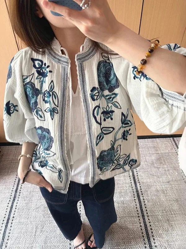 

Ретро этнический вышитый ор Svel открытый кардиган круглый Ne Lantern Sve хлопок женский повседневный модный сезон весна осень