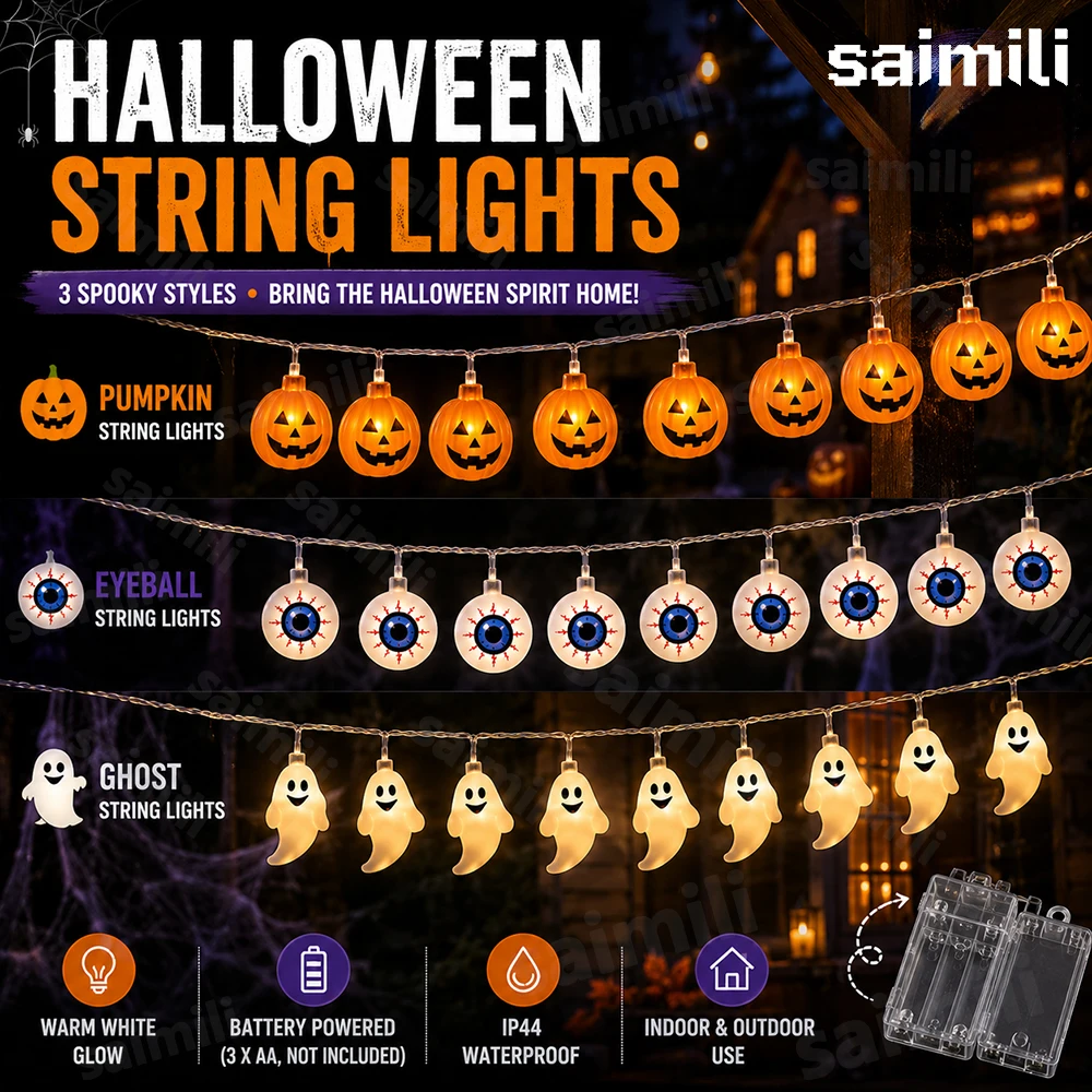 Halloween 3D Pumpkin Ghost Eyeball LED String Light Warm Glow Battery Spooky Ambient Lamp For Outdoor Home Holiday Party Decor