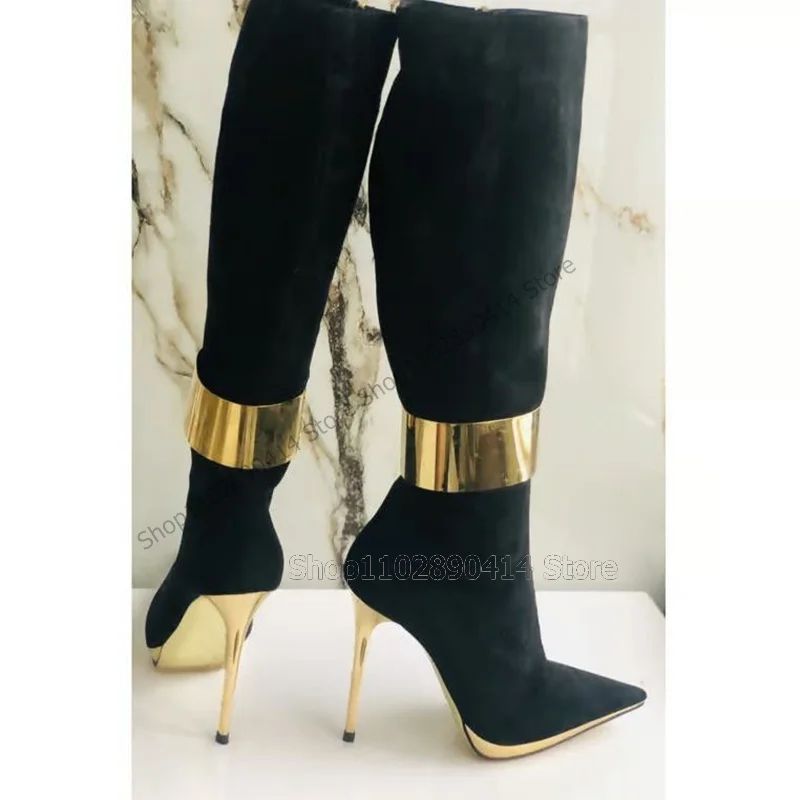 Gold Circle Decor Black Pointy Toe Metal Heel Boots Side Zipper Women Shoes Thin High Heels Sexy Runway 2023 Zapatos Para Mujere