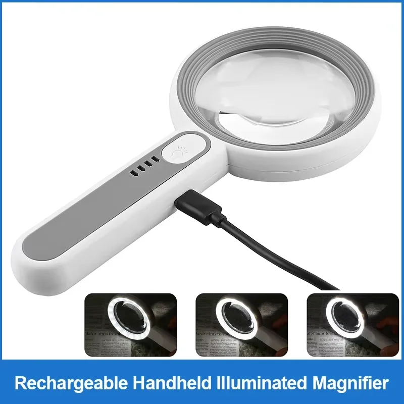Handheld Magnifier Rechargeable 12X Magnifying Glass with LED Light 3 Modes for Seniors Reading Repair Jewelry Craft Inspection