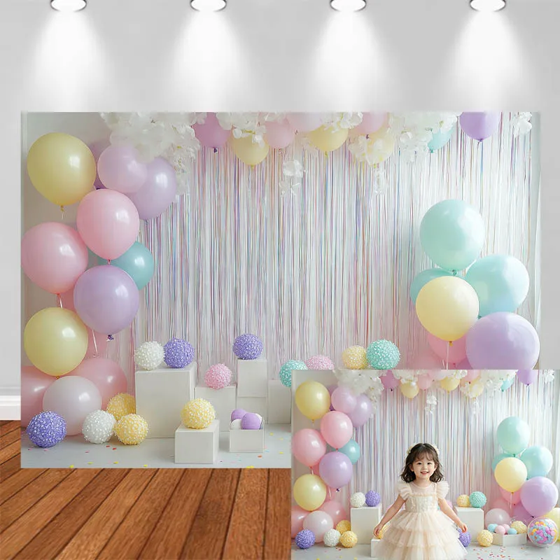LS Photography Background Candy Theme Arch Balloon White Curtains Flower Ball Decor Birthday Kids Portrait Photo Backdrop Studio