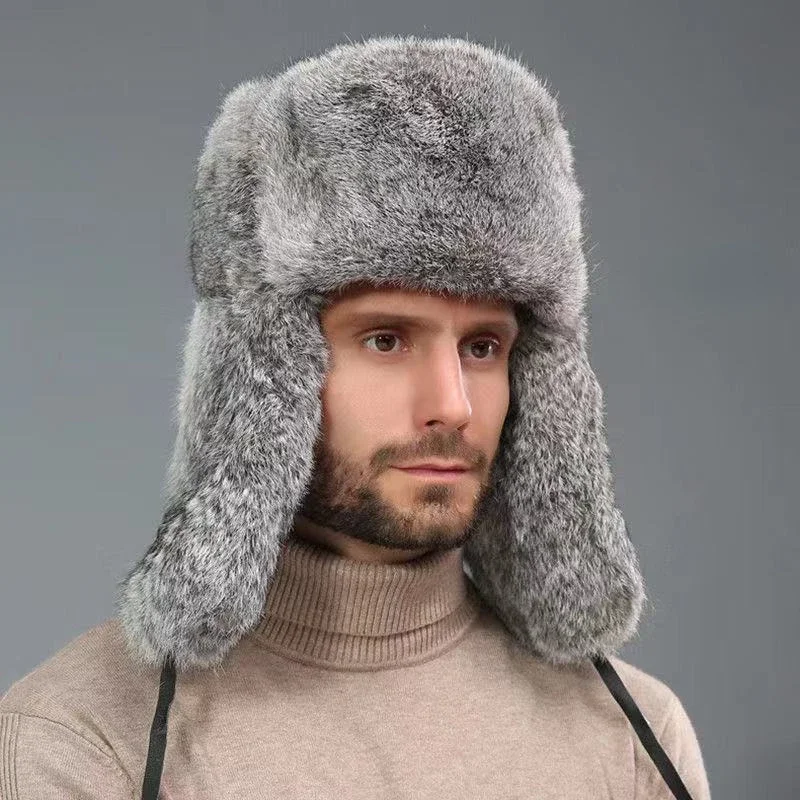 Winter Russische Man Vrouw Woman Faux Rex Konijnenbont Hoeden Luxe Faux Schapenhuid Lederen Pet Bont Bommenwerper Hoed Ushanka Hoeden