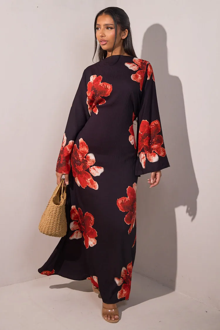 

Women Flare Sleeve Islamic Robe Maxi Vestidos Muslim Abaya Dubai Sundress Autumn Floral Printed Dresses Kaftan Turkey Morocco