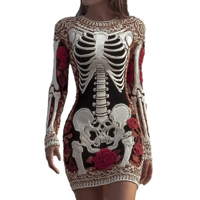Halloween popular 3D digital printing women's clothing slim-fitting hip skirt sweater soft feel long skirt casual wear