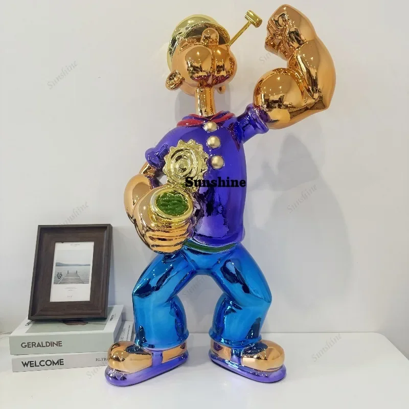 Electroplated Popeye Figurine Modern Home Decor Sculpture,Cartoon Sailor Man Statue with Spinach Can Luxury Tabletop Decor Gift