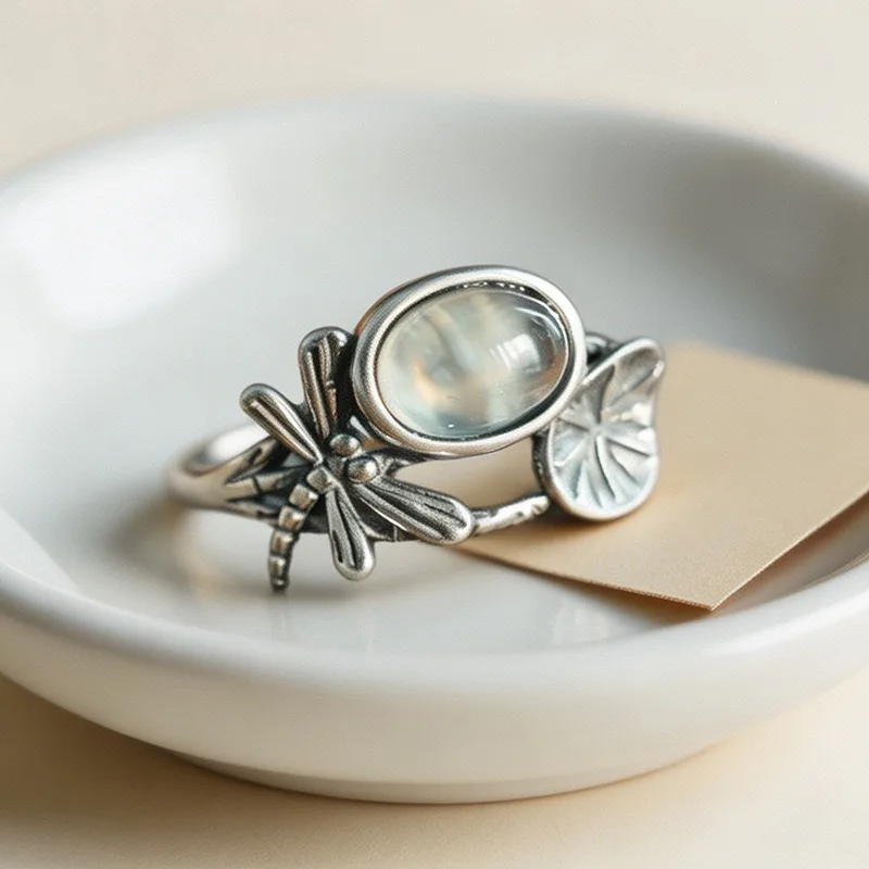 BF CLUB 925 Sterling-Ringe für Damen, schlicht, geometrisch, handgefertigt, unregelmäßiger Mondstein, Retro-Ring, allergiefrei, als Geburtstagsgeschenk