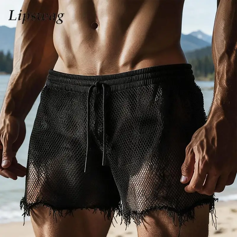 

Мужские сетчатые прозрачные шорты, повседневные короткие брюки с завязками на талии и бахромой, сексуальная прозрачная клубная одежда, уличная одежда, низ для мужчин