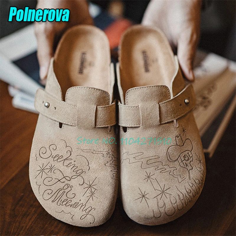 

Летние замшевые полутапочки на толстой подошве для женщин и мужчин, модные мюли с принтом и круглым носком на платформе, удобные повседневные туфли без каблука