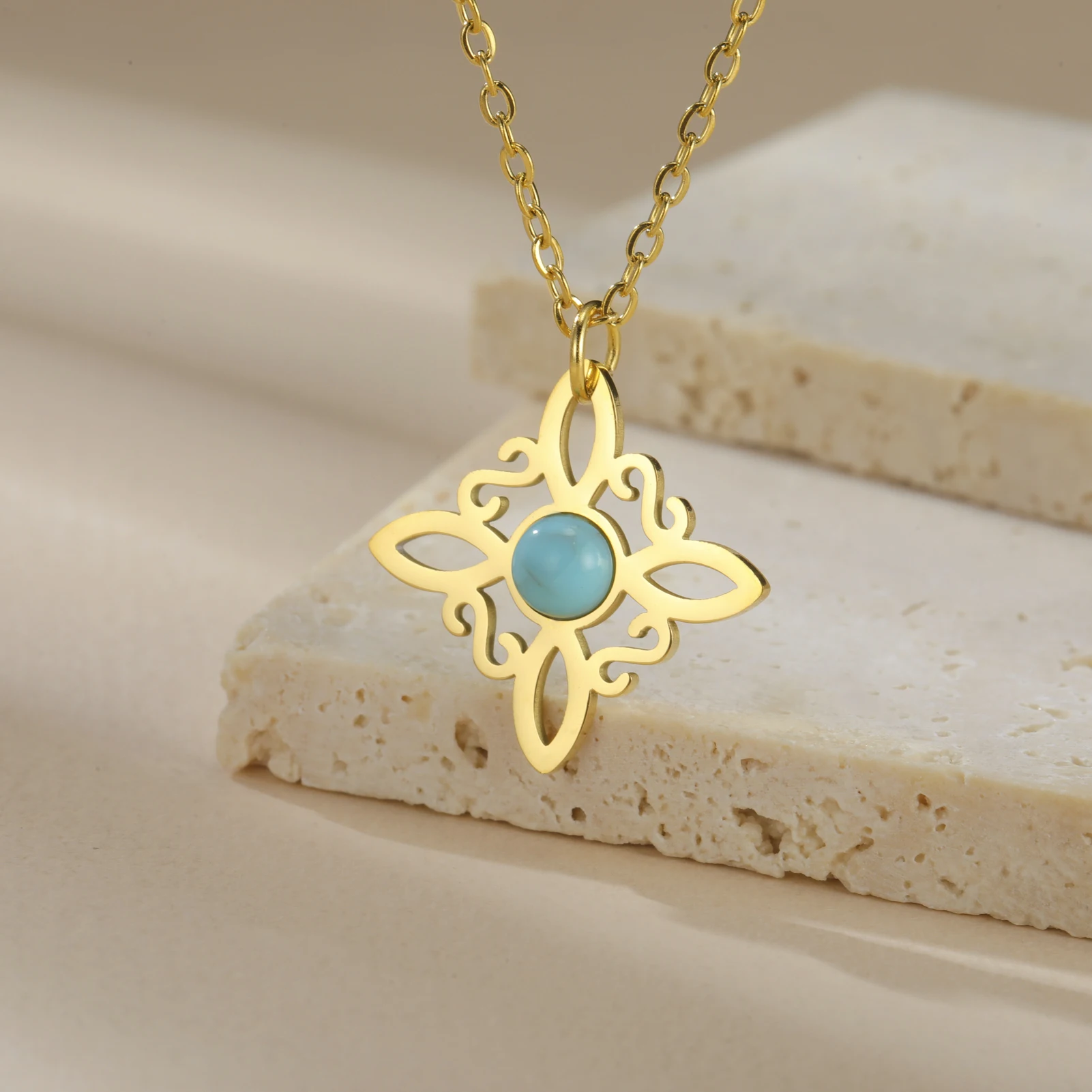 Teamer Irish Celtics Knot with Turquoise Women's Necklace Witch Knot Witchcraft Stainless Steel Necklace Birthday Jewelry Gift