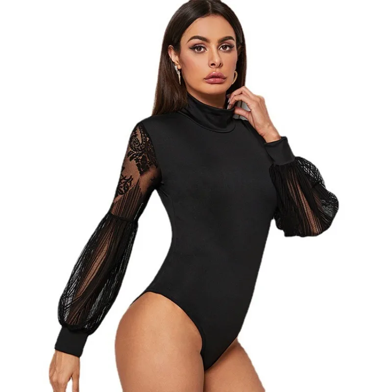 Macacão de malha sexy de renda feminino, manga lanterna, monocromático, fino, primavera, verão, novo, moda