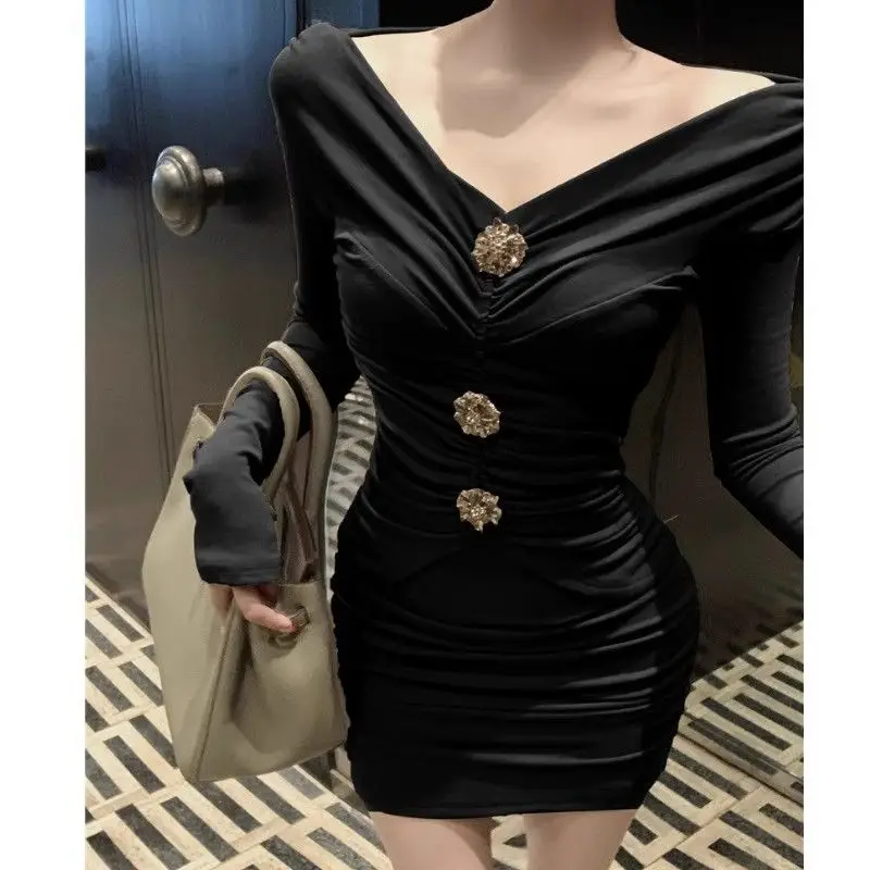 Sexy V-ausschnitt Off Schulter Geraffte Bodycon Party Kleider für Frauen Y2K Solide Hohe Taille Langarm Club Fee Mini Kleid Vestidos