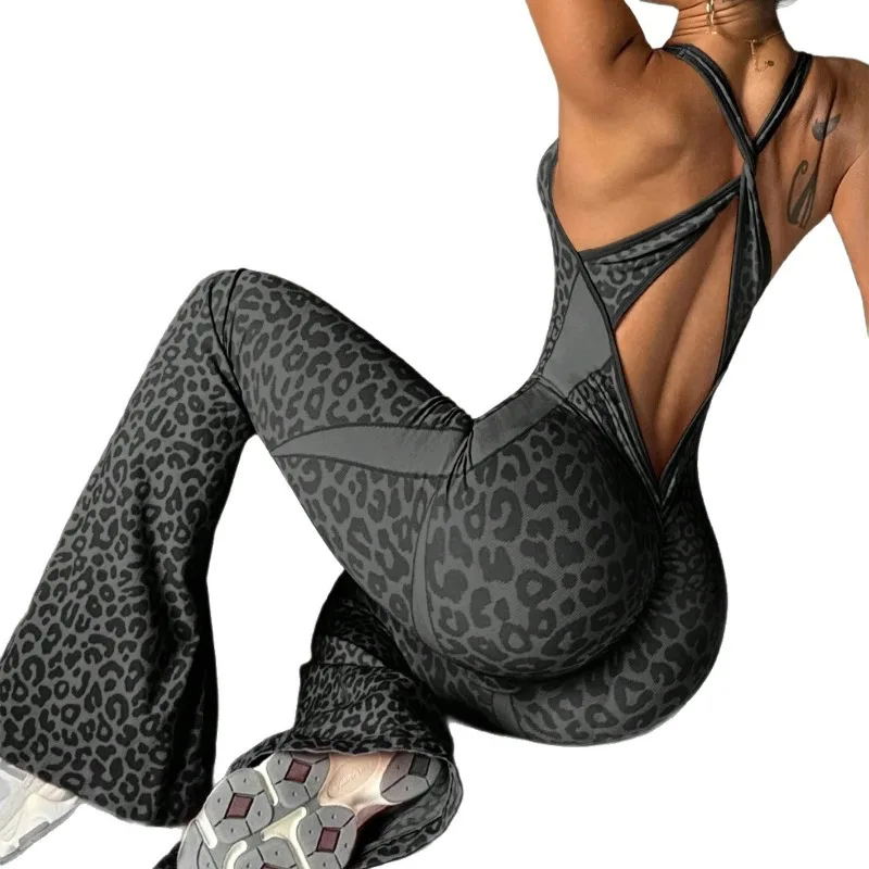European and American new leopard print cross back one-piece yoga suit for women's fitness, sports, and leisure outerwear