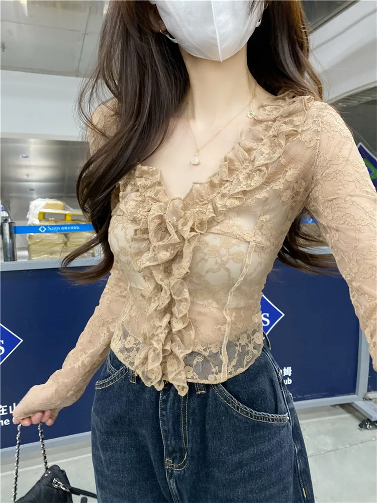 New Fashion Sexy Women Sheer Transparent Short Lace Shirt V Neck Ruffles Slim Blouse Base Shirt Long Sleeve Tight Bottoming Top