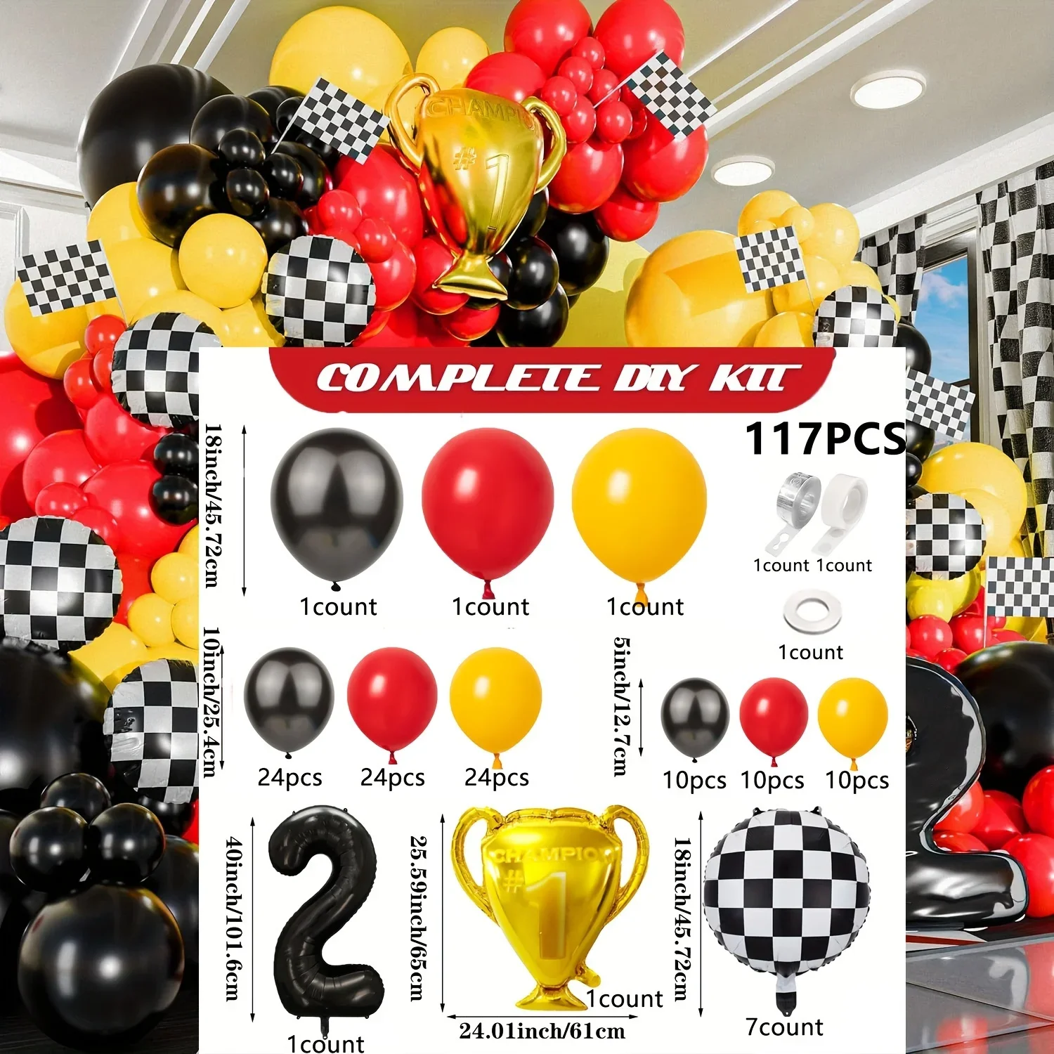 117pcs All-in-one Car Balloon Garland and Arch, Perfect for Lightning McQueen Racing Themed Birthday Parties and Themed Events