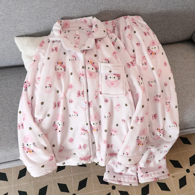 

Sanrio Hello Kitty Cartoon Cute Facecloth Women Pajamas Thickened Warm Loungewear Cardigan Long-sleeved Long Pants Two-piece Set