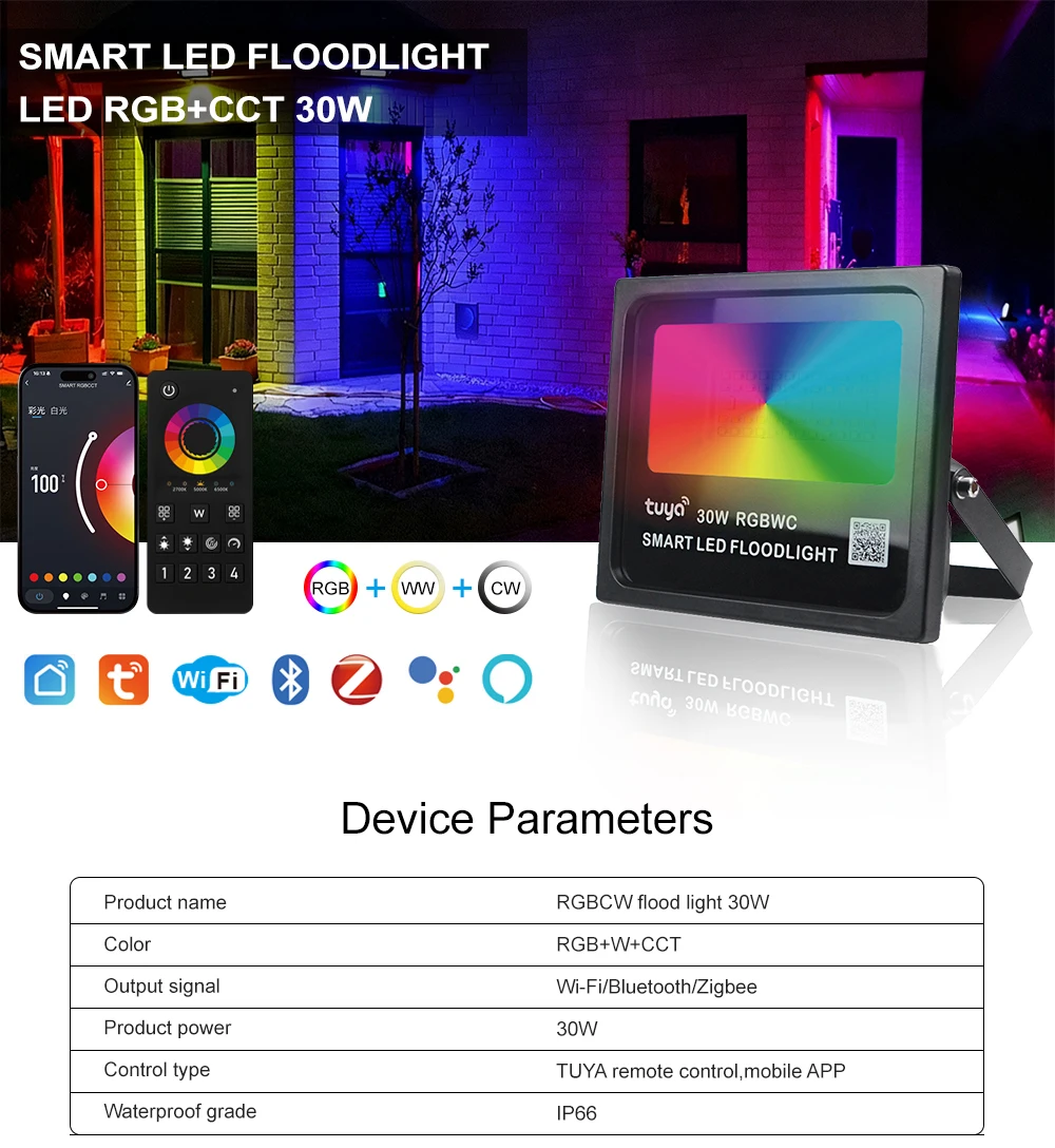 APP Tuya Smart WiFi Zigbee Bluetooth LED Outdoor Flood Landscape Light with 2.4G RF Remote RGBCW Color IP66 Waterproof 50W 220V
