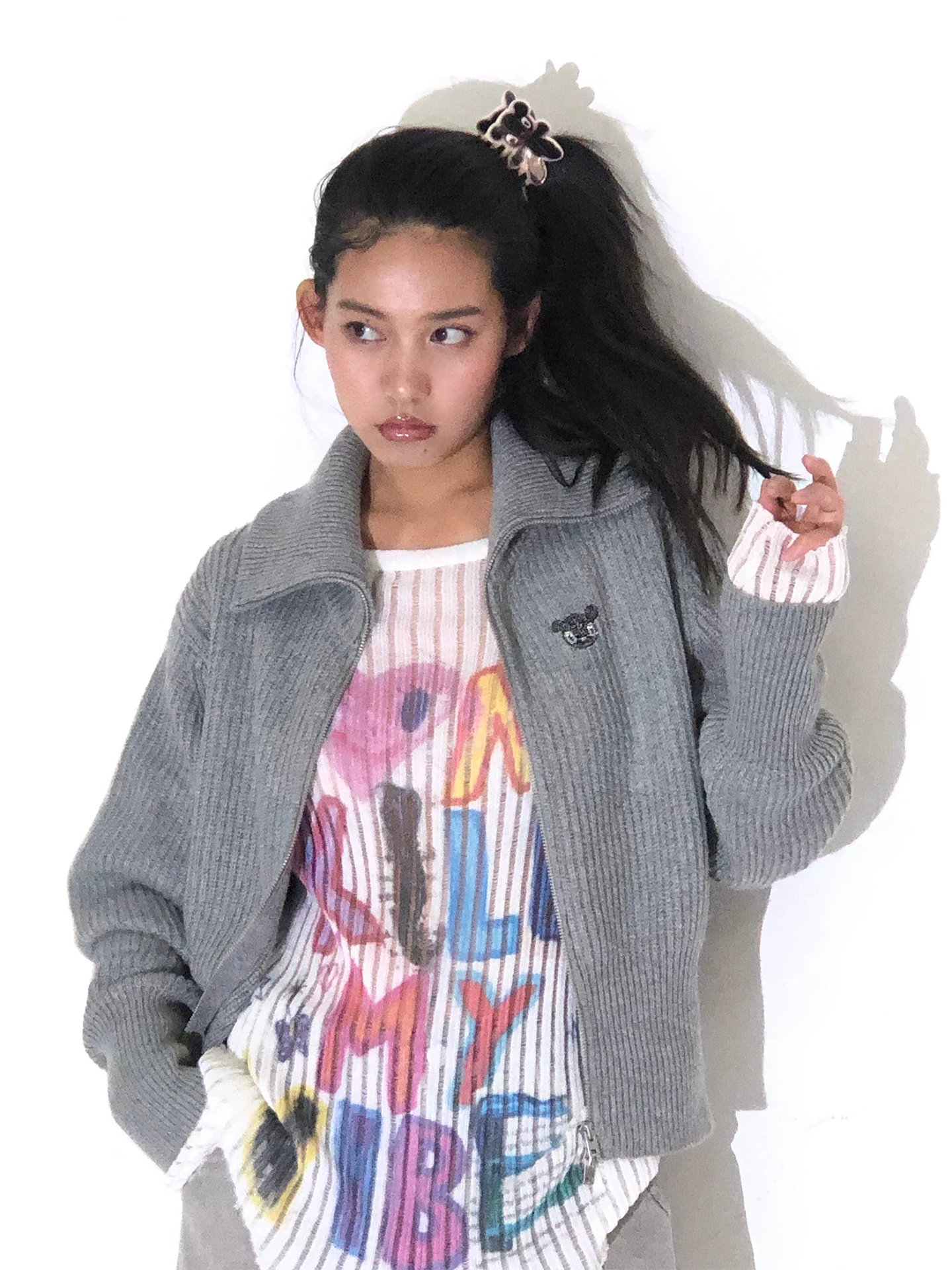 

Вязаная кофта Mofiscrcolour MOF с воротником на молнии для девочек, весенняя, тонкая, с длинными рукавами, с рисунком медведя