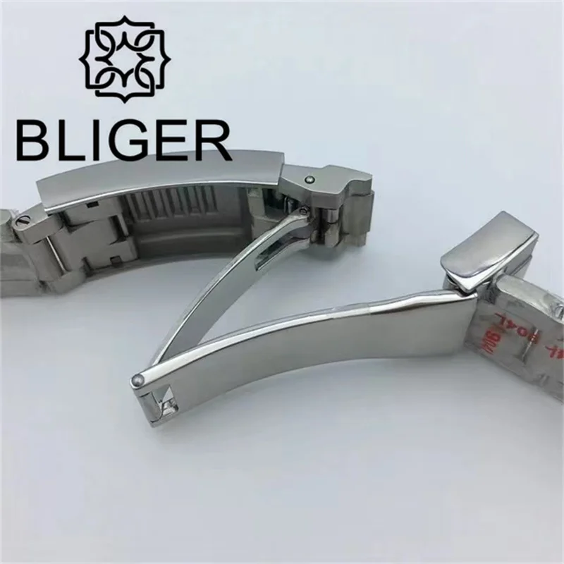 BLIGER 20mm Width Watch Band 904L Stainless Steel Slide Folding Buckle Polished Center Link/Brushed Oyster Jubilee Bracelet