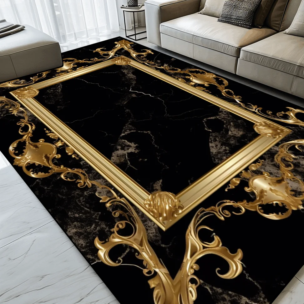 

Luxury Black Gold Carpet for Living Room Marble Style Decoration Office Sofa Area Rug Customizable Bedroom Non-slip Mat Washable