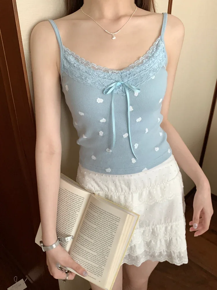 High Quality Sweet Bear Print Camisole Women Y2k Spice Girls Lace Patchwork Sleeveless Tops Female Cute Streetwear Tank 2025 New