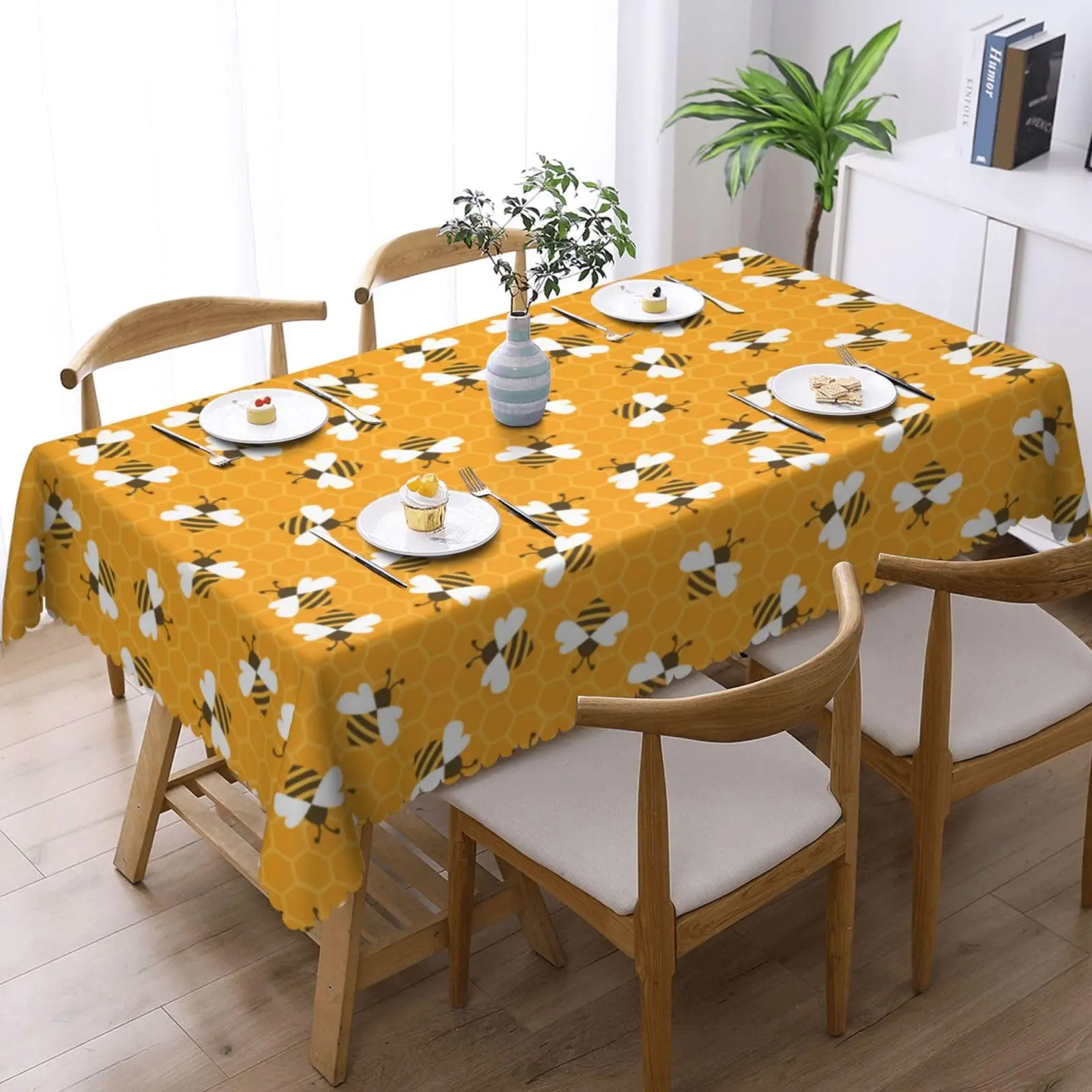 Bumble Bees Tablecloths Yellow Bee Polyester Rectangle Table Cloth Washable Seasonal Tabletop for Kitchen Dinning Party