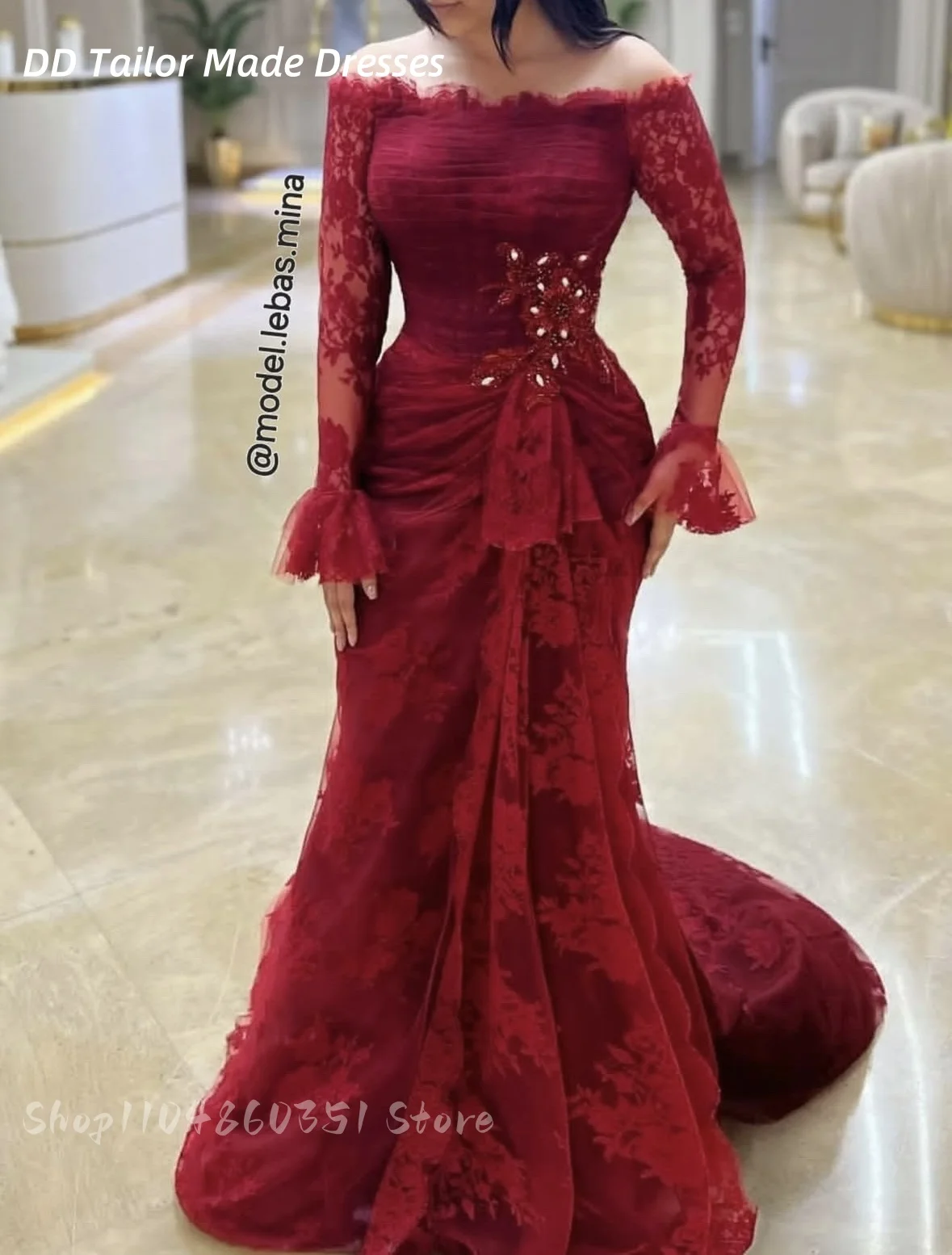 Eleganti abiti da sera a sirena in pizzo arabo Aso Ebi maniche lunghe cristalli con perline abiti da cerimonia per occasioni formali bordeaux personalizzati