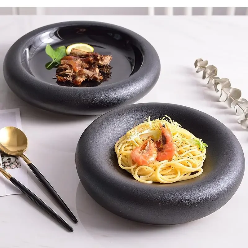 9 Inches Dinner Set Plates and Dishes Matte Black Ceramic Plate Japanese Round Deep Dish Pasta  Dessert