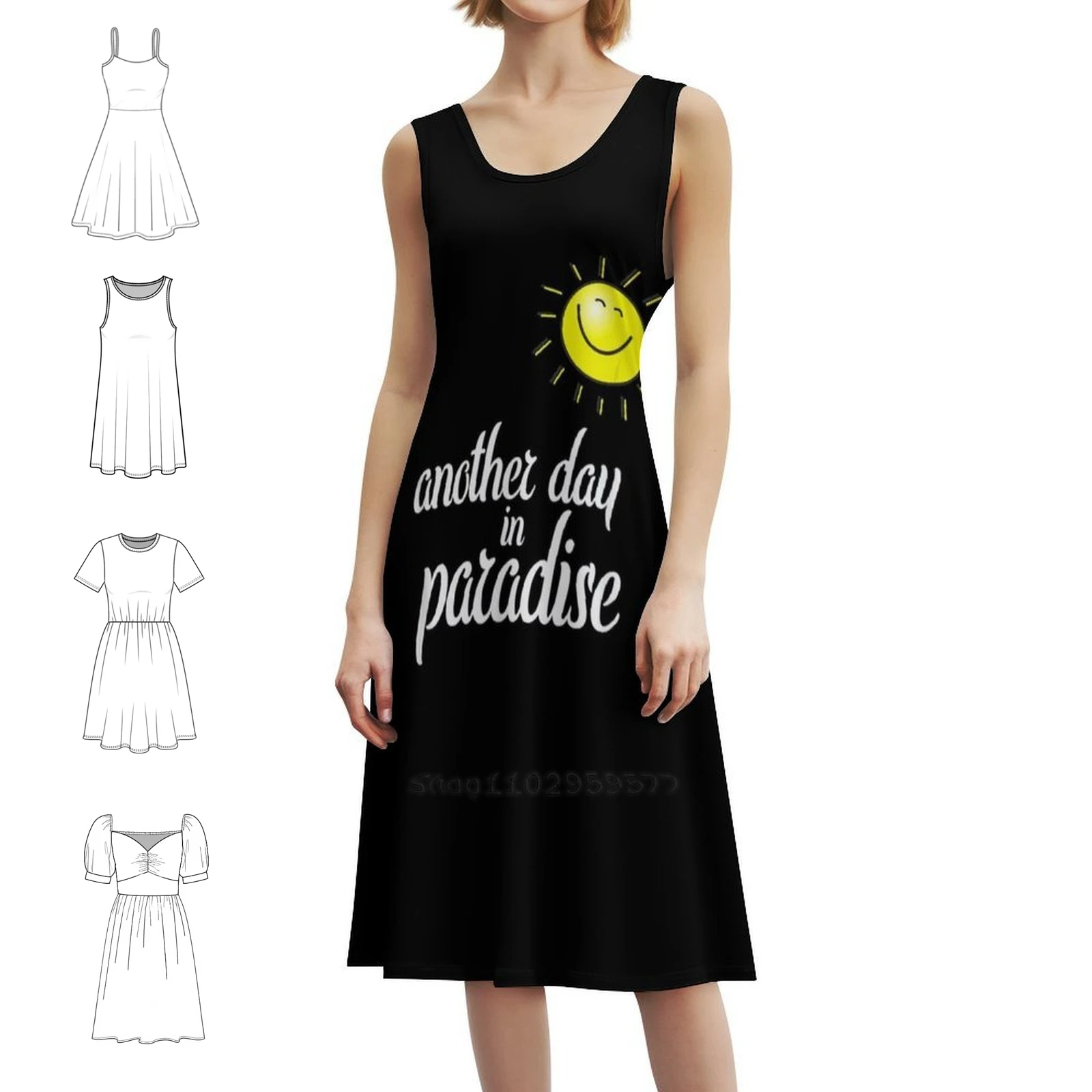 

Еще один день в раю с солнцем. Женское элегантное праздничное платье. Платье трапециевидной формы с короткими/длинными/без рукавов. Paradise Beach.